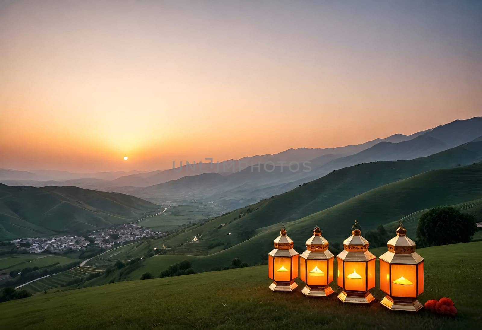 AI generated of a row of lanterns with the sunset in the background