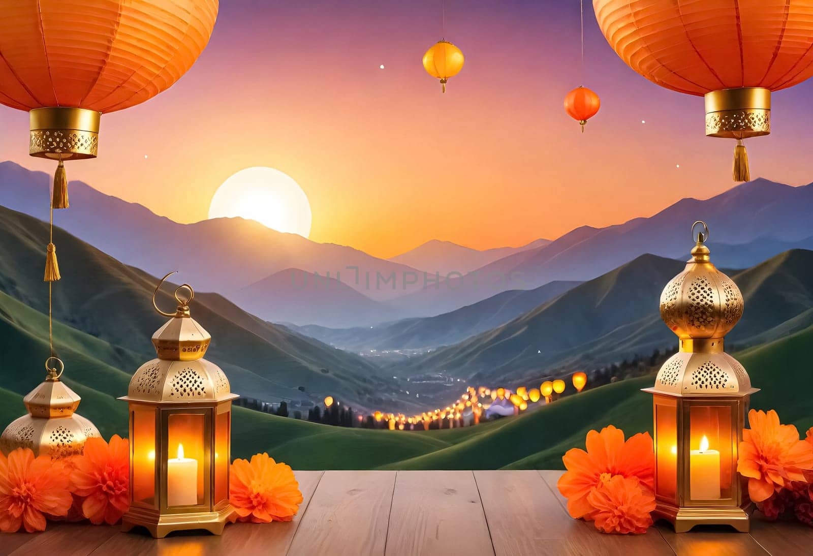 AI generated of a photo of lanterns with orange flowers next to it and a sunset on the sky with mountain background