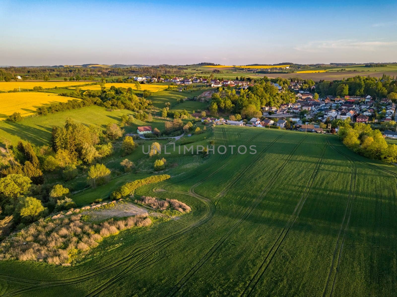 Drone flies over countryside with green wheat field. Hilly area with forest. Warm sunny spring day. Aerial view landscape. Beautiful rural landscape. Czech Republic