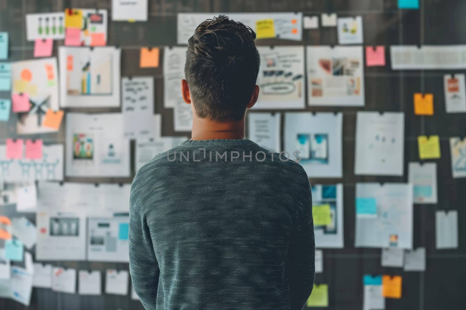 A man standing before a vibrant wall filled with sticky notes, each one contributing to a mosaic of ideas and reminders.