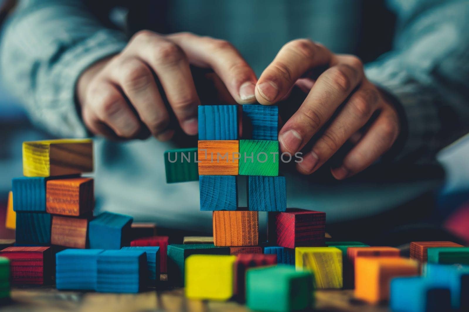 A person meticulously arranging and stacking wooden blocks on a table, showing focus and precision in their play.