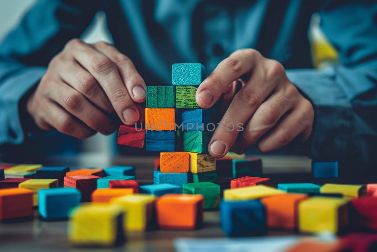 A man meticulously building structures with wooden blocks on a table, showcasing creativity and precision.