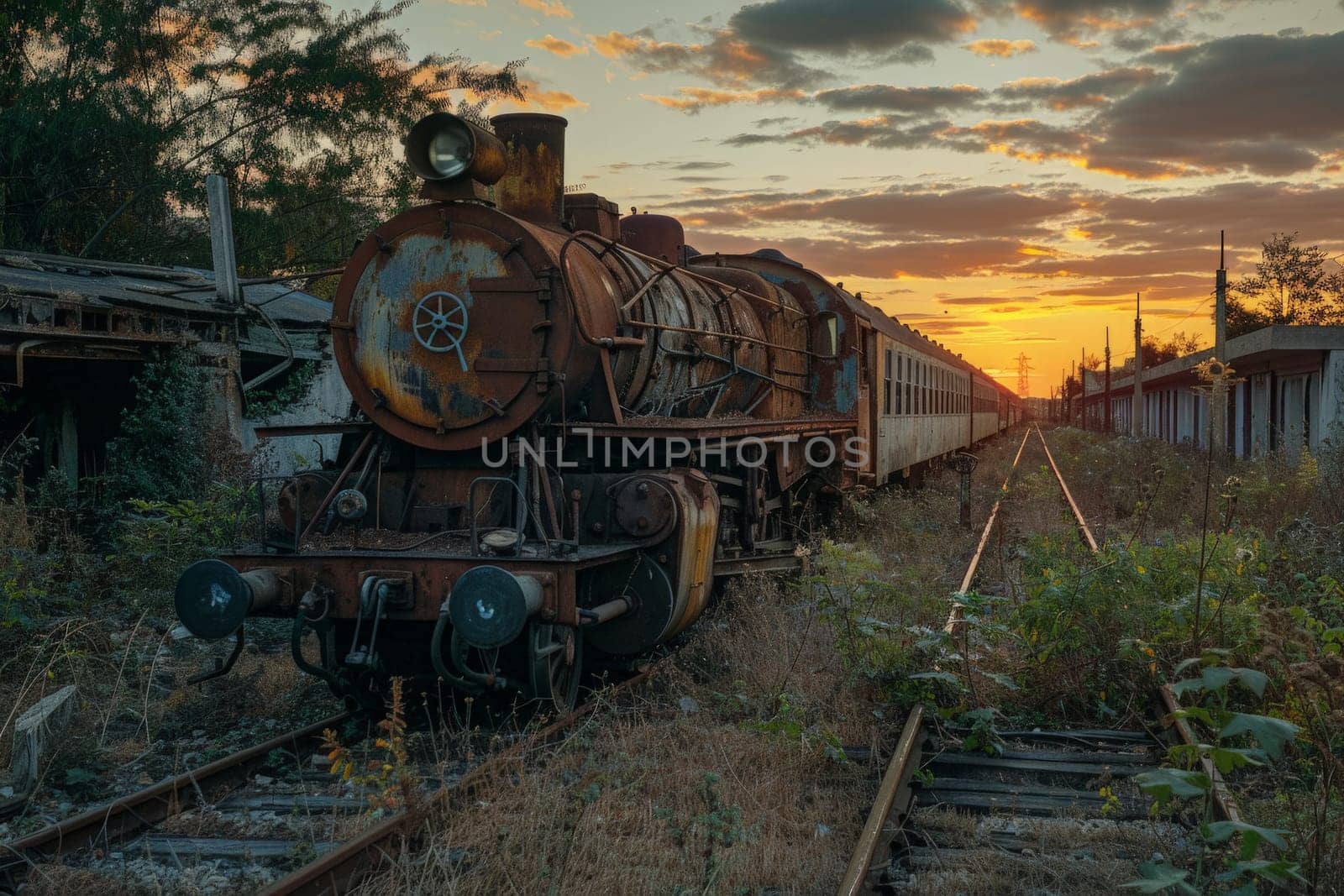 An old train rests motionless on the tracks, a symbol of bygone days and forgotten journeys.