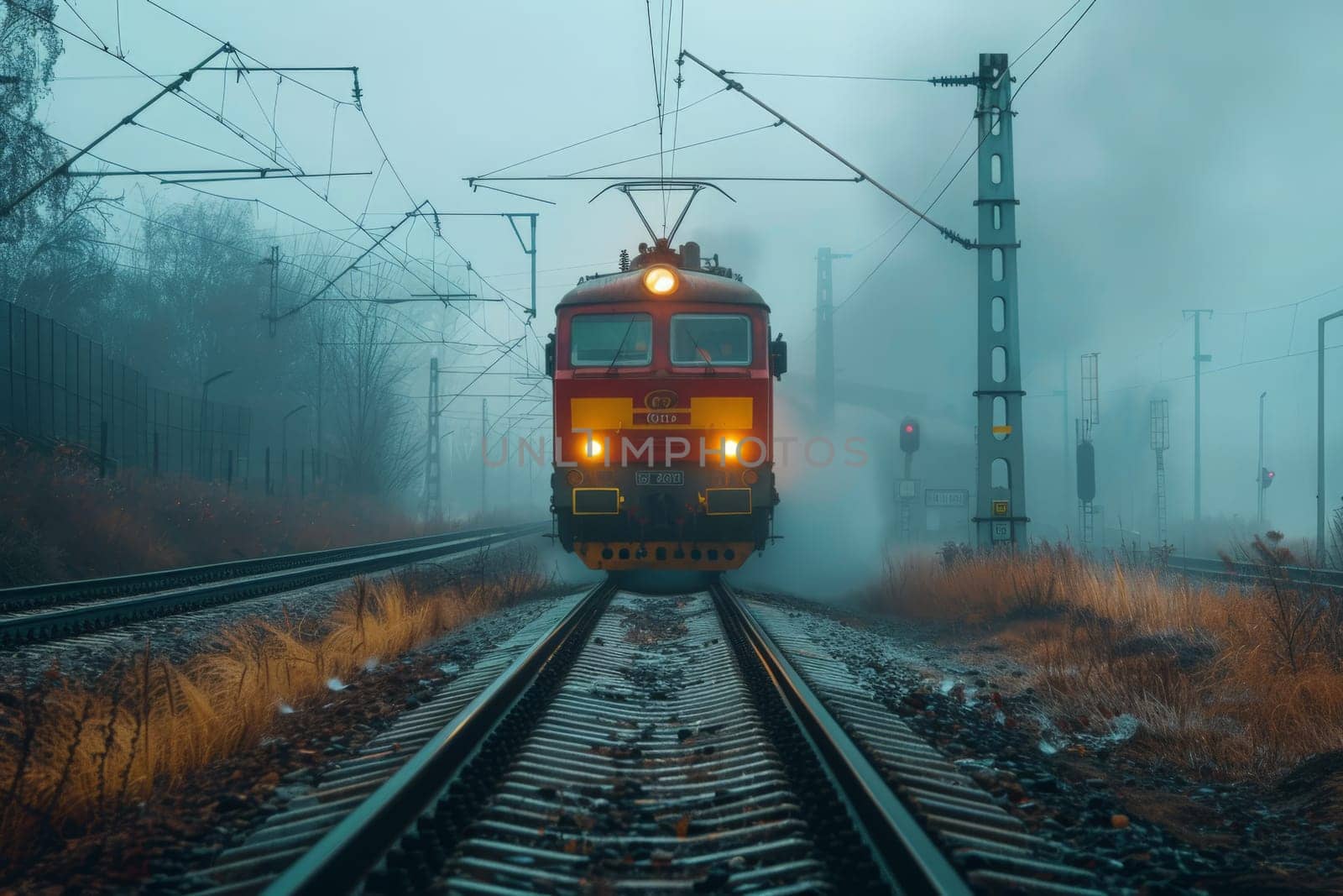 A vibrant red train winds its way down railroad tracks next to a lush forest, showcasing the beautiful harmony between manmade and natural landscapes.