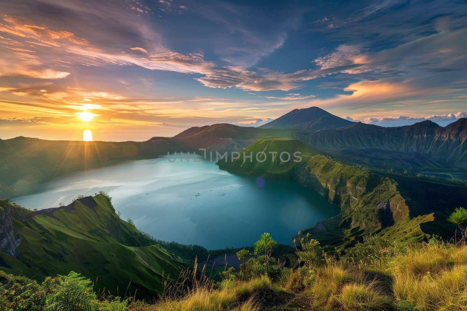 The sun sinks below the horizon, casting a warm golden light over a serene lake nestled in the mountains.