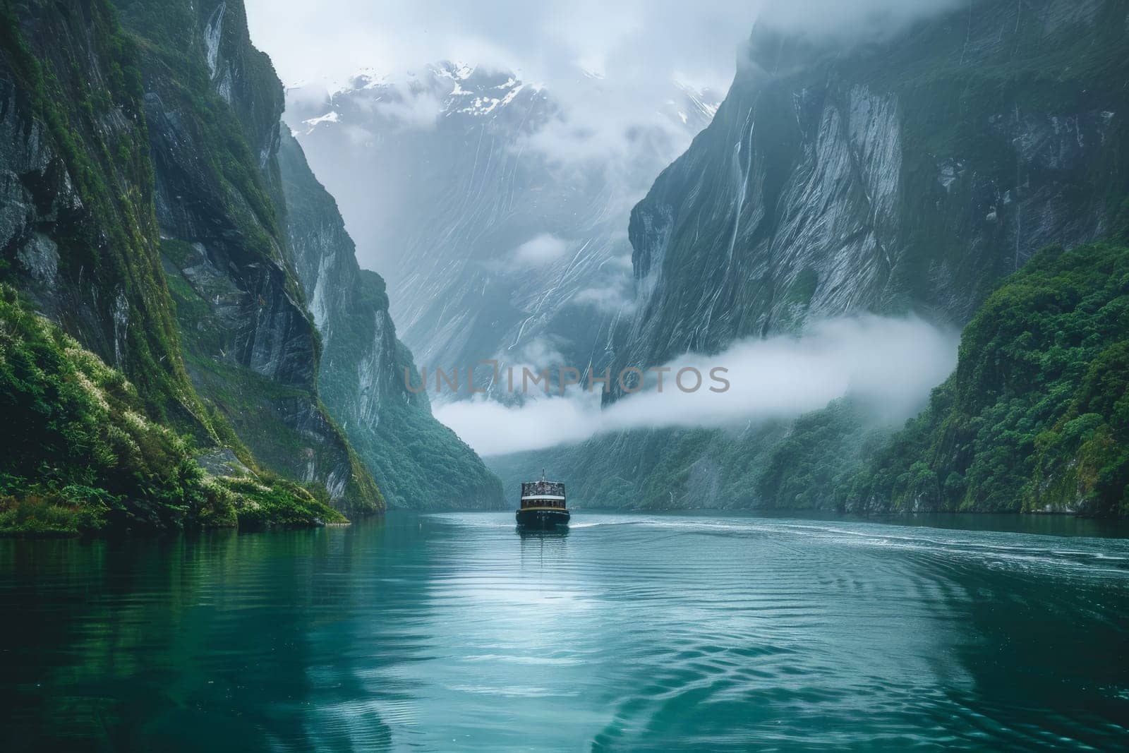 A boat glides through serene, foggy fjord waters, flanked by towering cliffs.