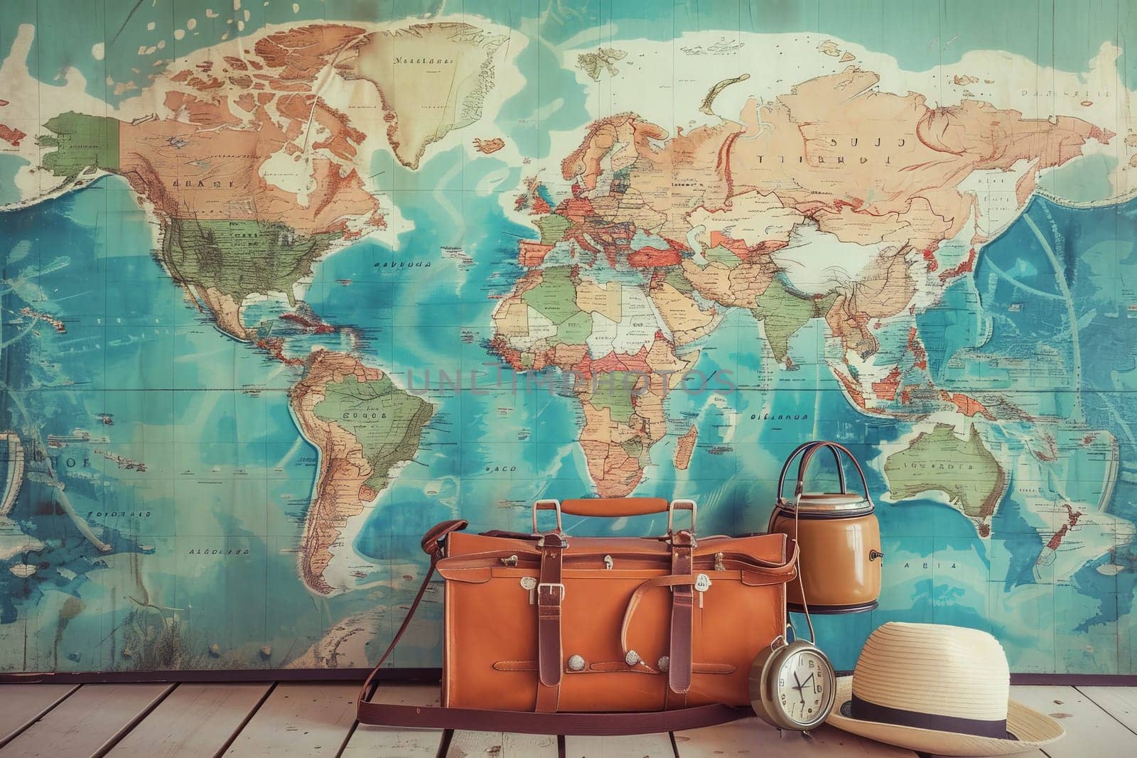 A suitcase, hat, and purse laid out in front of a world map, symbolizing a sense of adventure and exploration.