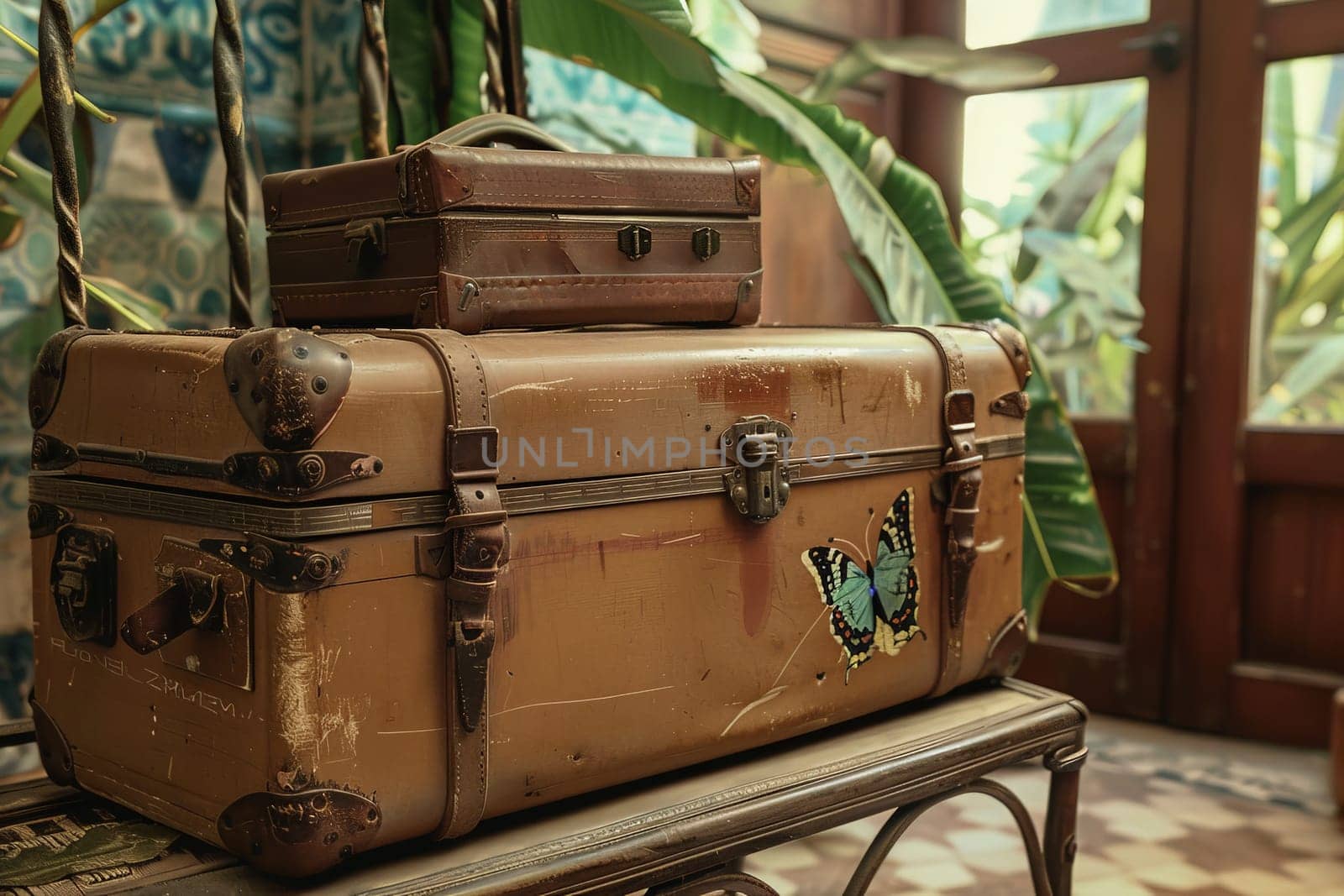 A colorful stack of suitcases rests on top of a wooden bench in a whimsical travel scene.