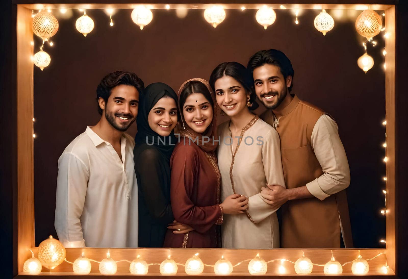 AI generated of a group of people posing for a photo with lights around them