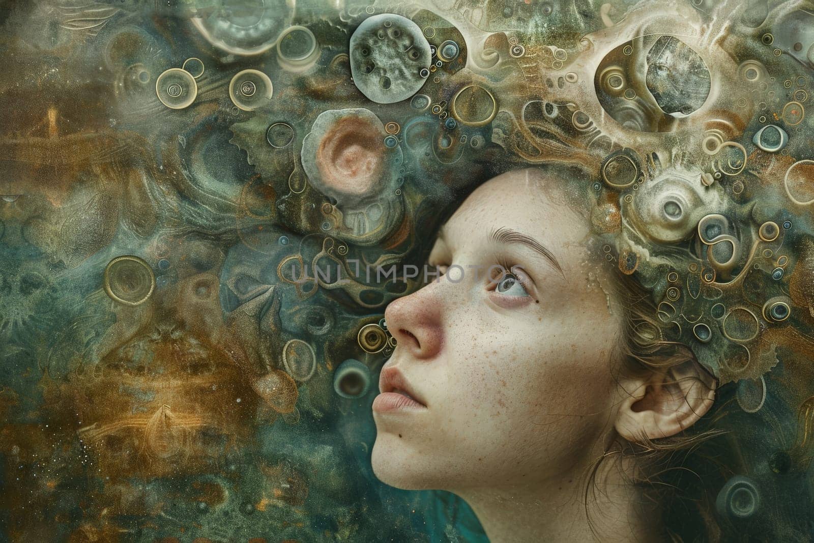 A woman with curly hair adorned with bubbles, creating a whimsical and dreamlike atmosphere.