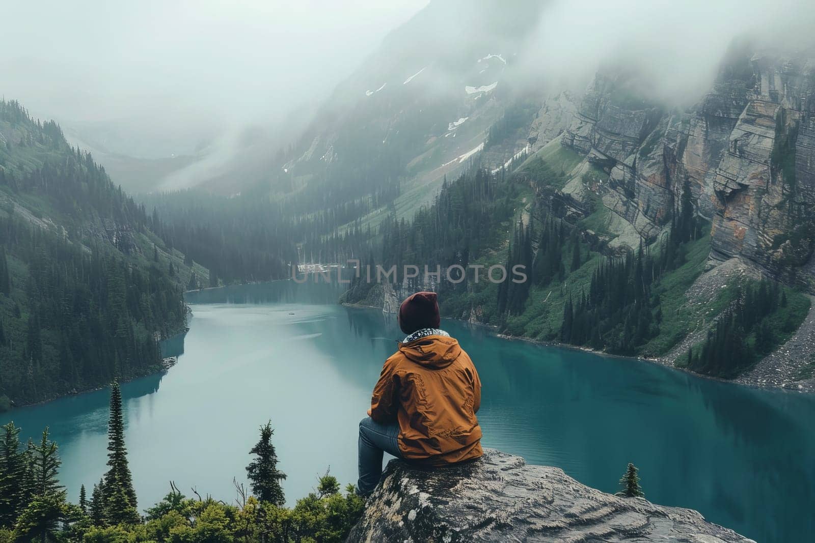 A solitary traveler gazes at the tranquil waters of a mountain lake enveloped by misty cliffs.