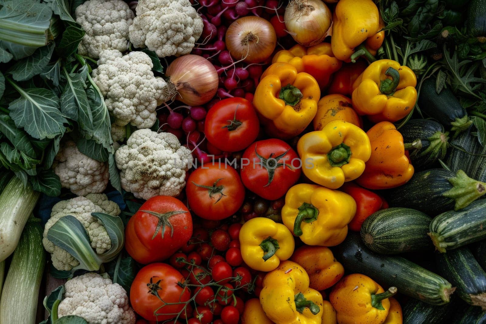 Colorful assortment of farm-fresh vegetables arranged in a display, showcasing the bounty of the harvest season.