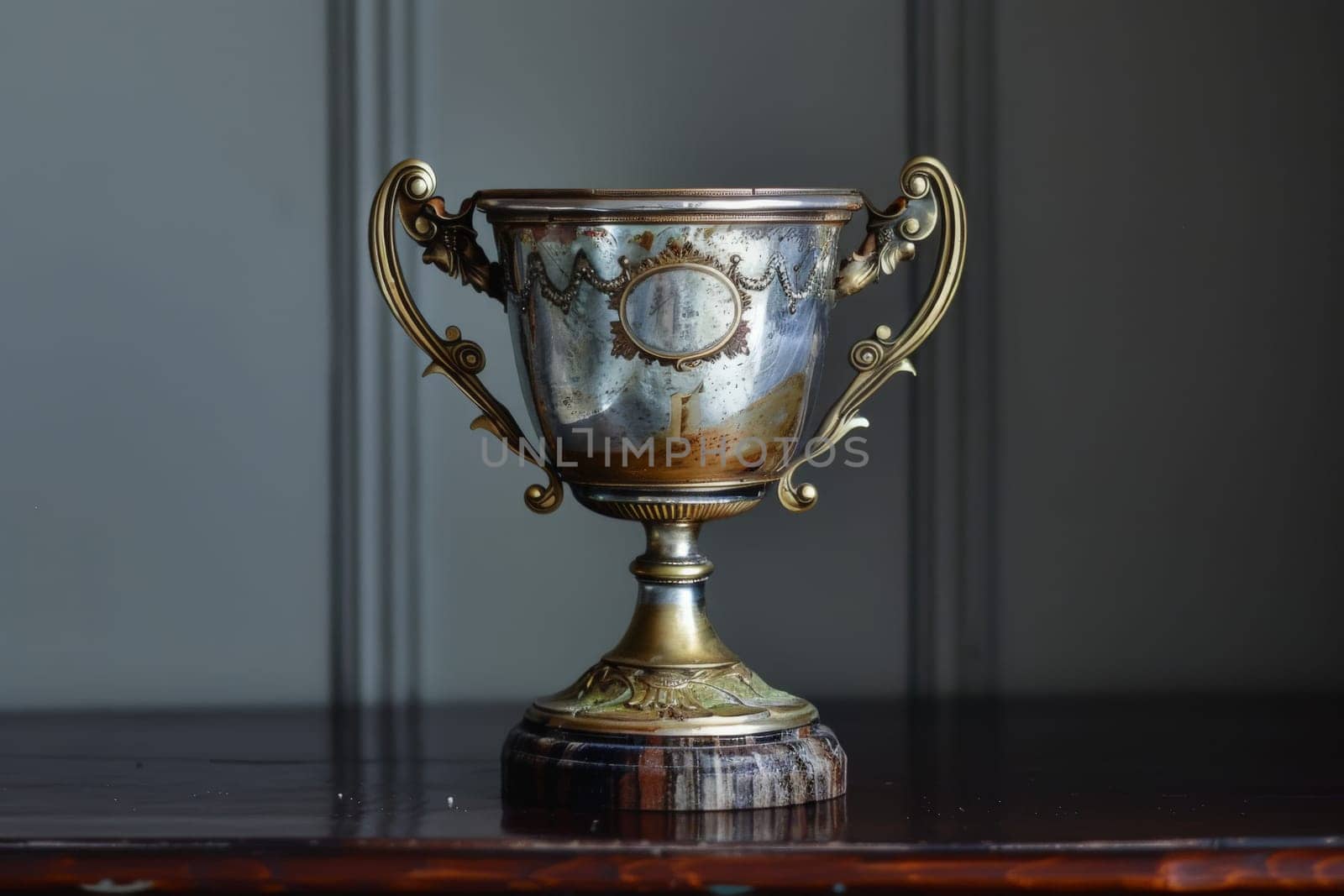 A magical silver cup glistens on top of a rustic wooden table, emanating an aura of mystical charm.