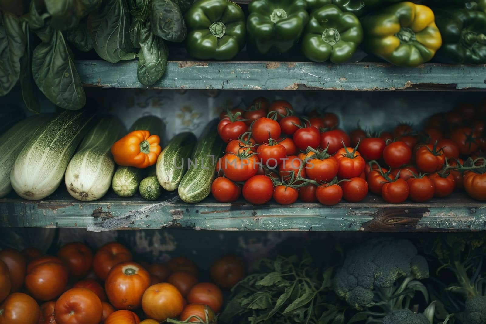 A diverse array of vegetables fills a shelf, showcasing the vibrant colors and textures of various produce items like carrots, tomatoes, bell peppers, and more.