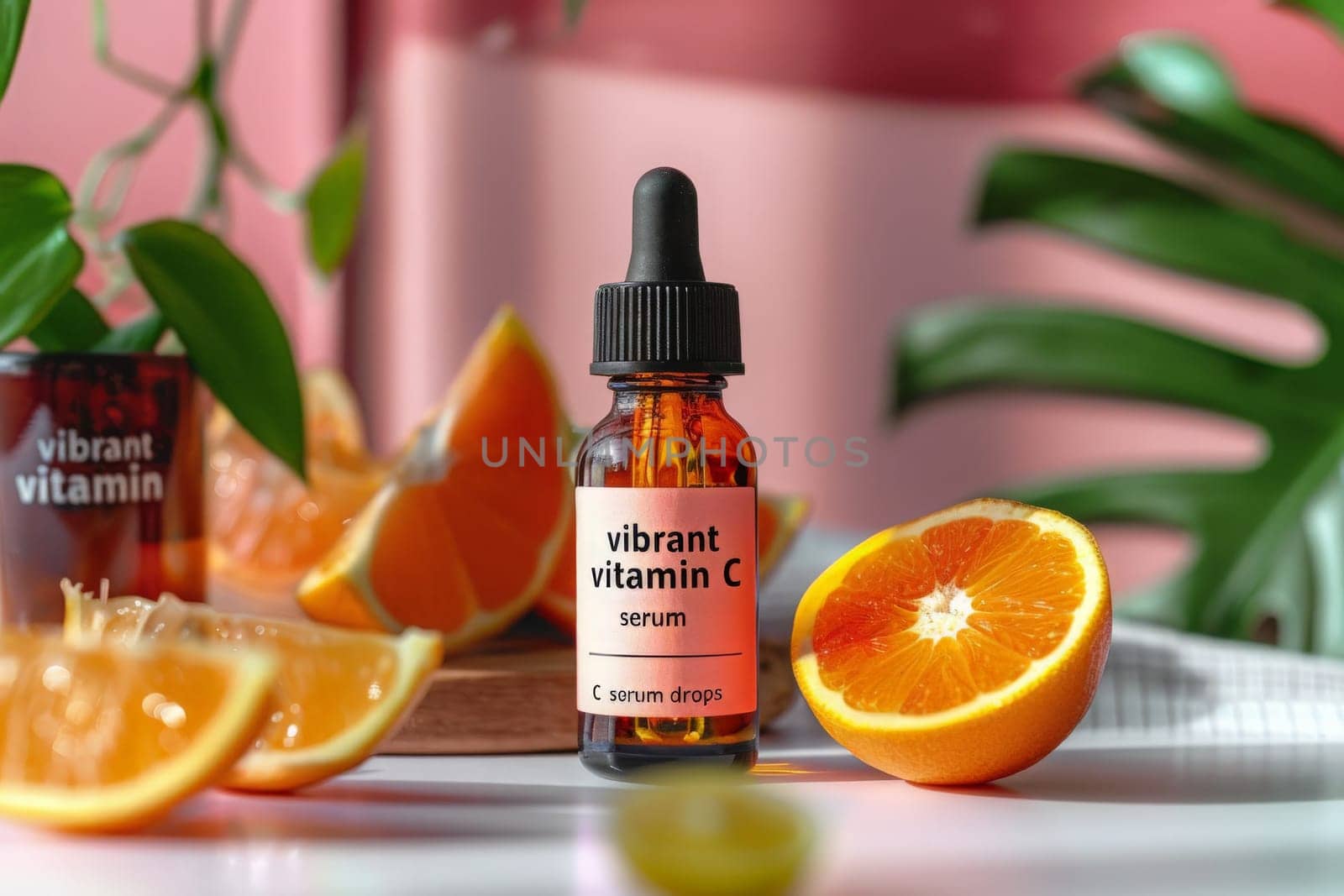 Golden hour sunlight kisses a bottle of vitamin C serum amid juicy orange slices.