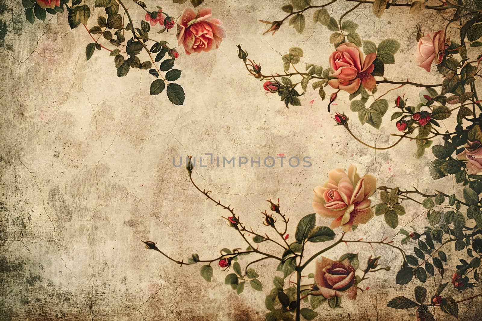 Blooming roses with a classic, aged backdrop, exuding timeless charm.