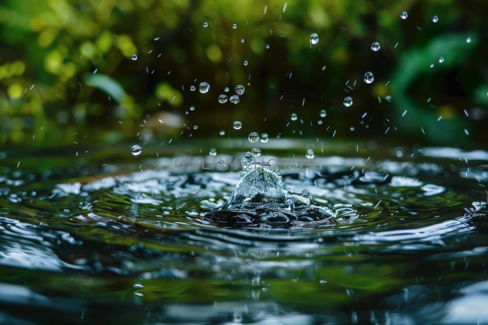 A close-up view of a single water drop resting on a leaf, with vibrant green foliage in the background.