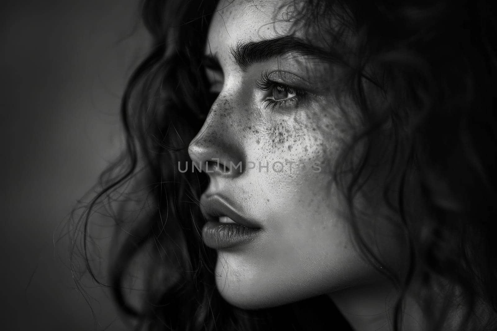A black and white portrait of a woman with natural freckles scattered across her face, capturing her unique beauty and charm.