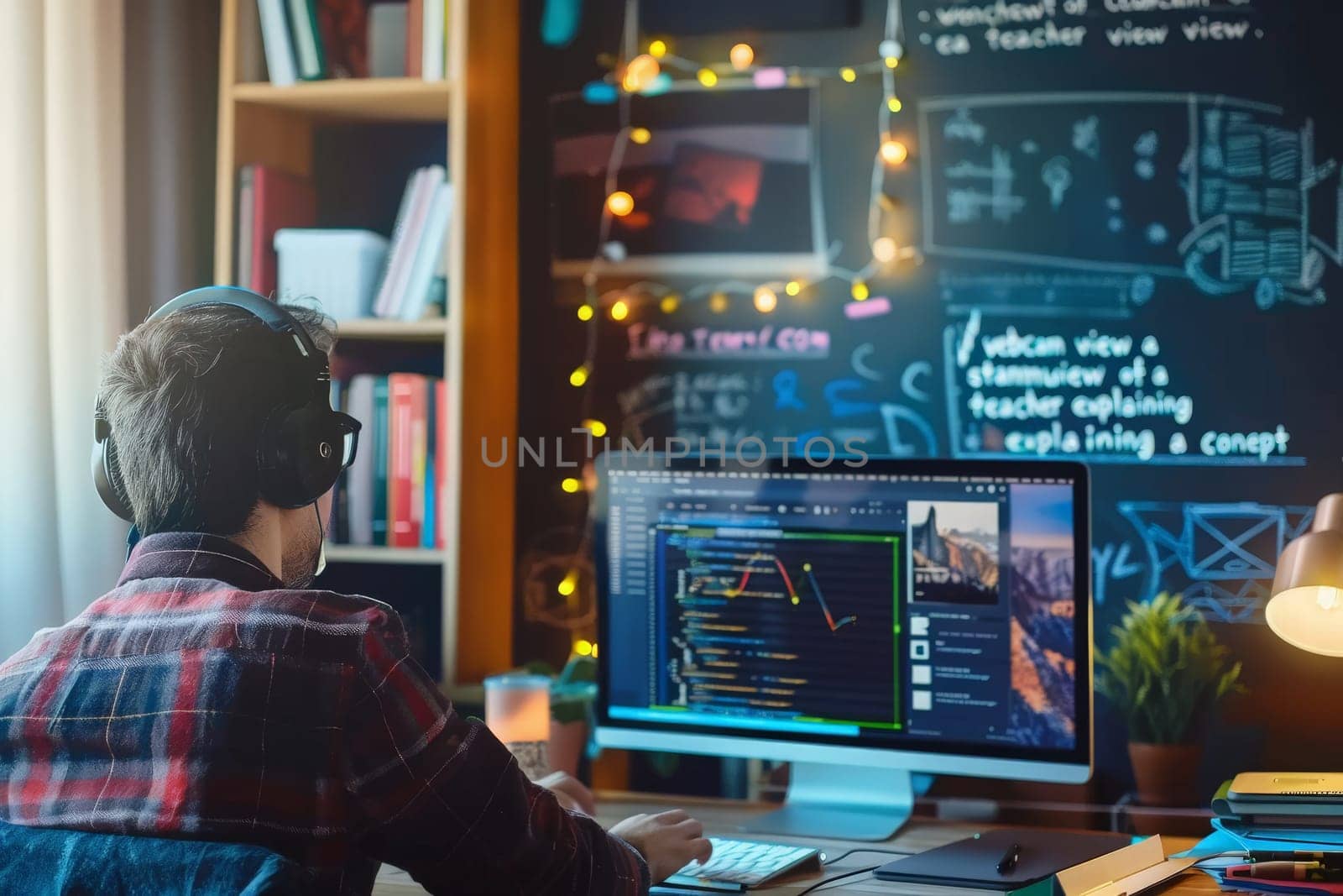 A focused teacher uses a webcam to conduct an engaging online lesson adorned by glowing lights.