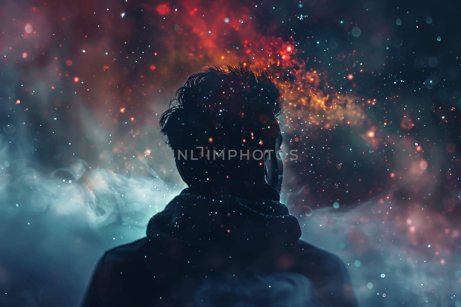 A man stands in awe before a vast expanse of stars and galaxies, surrounded by the infinite beauty of the universe.