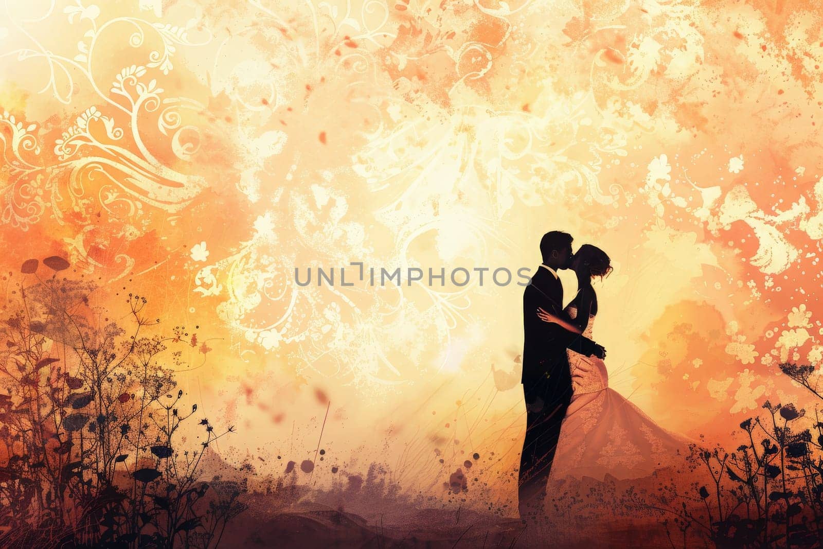 Silhouetted couple embracing against a vibrant sunset backdrop, with floral patterns adding a touch of romance.