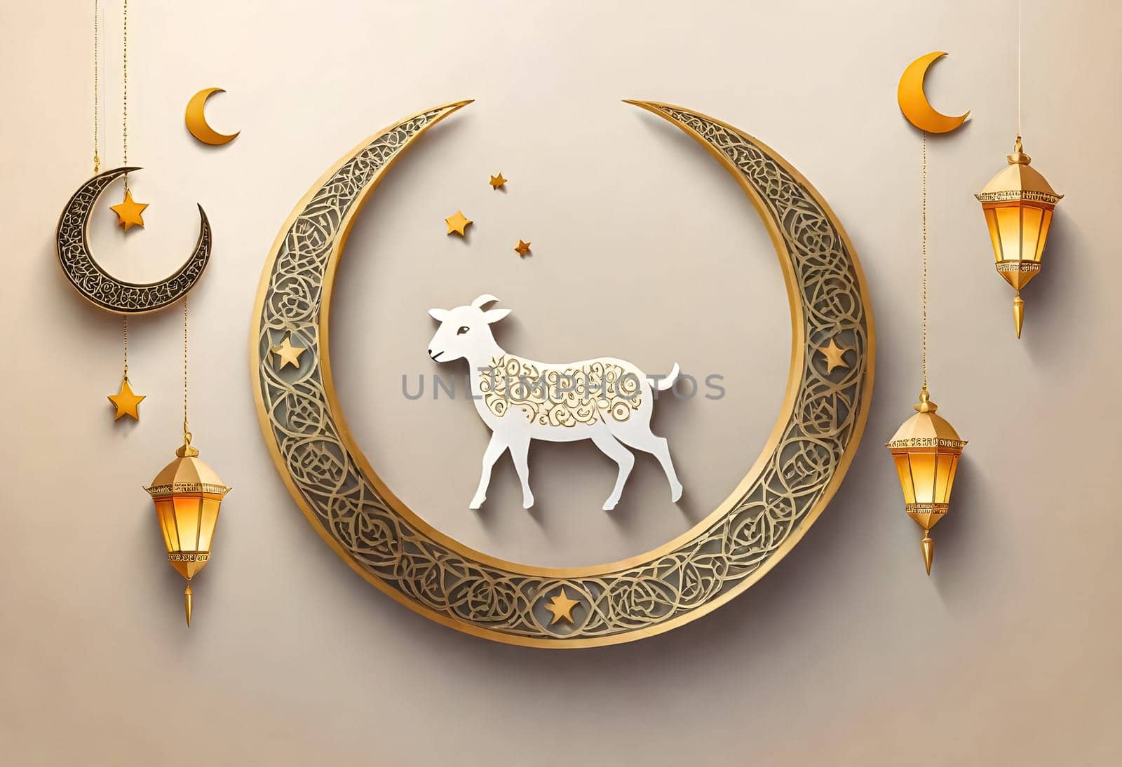 AI generated of a wallpaper of a goat and a crescent moon with gold stars and lanterns on it