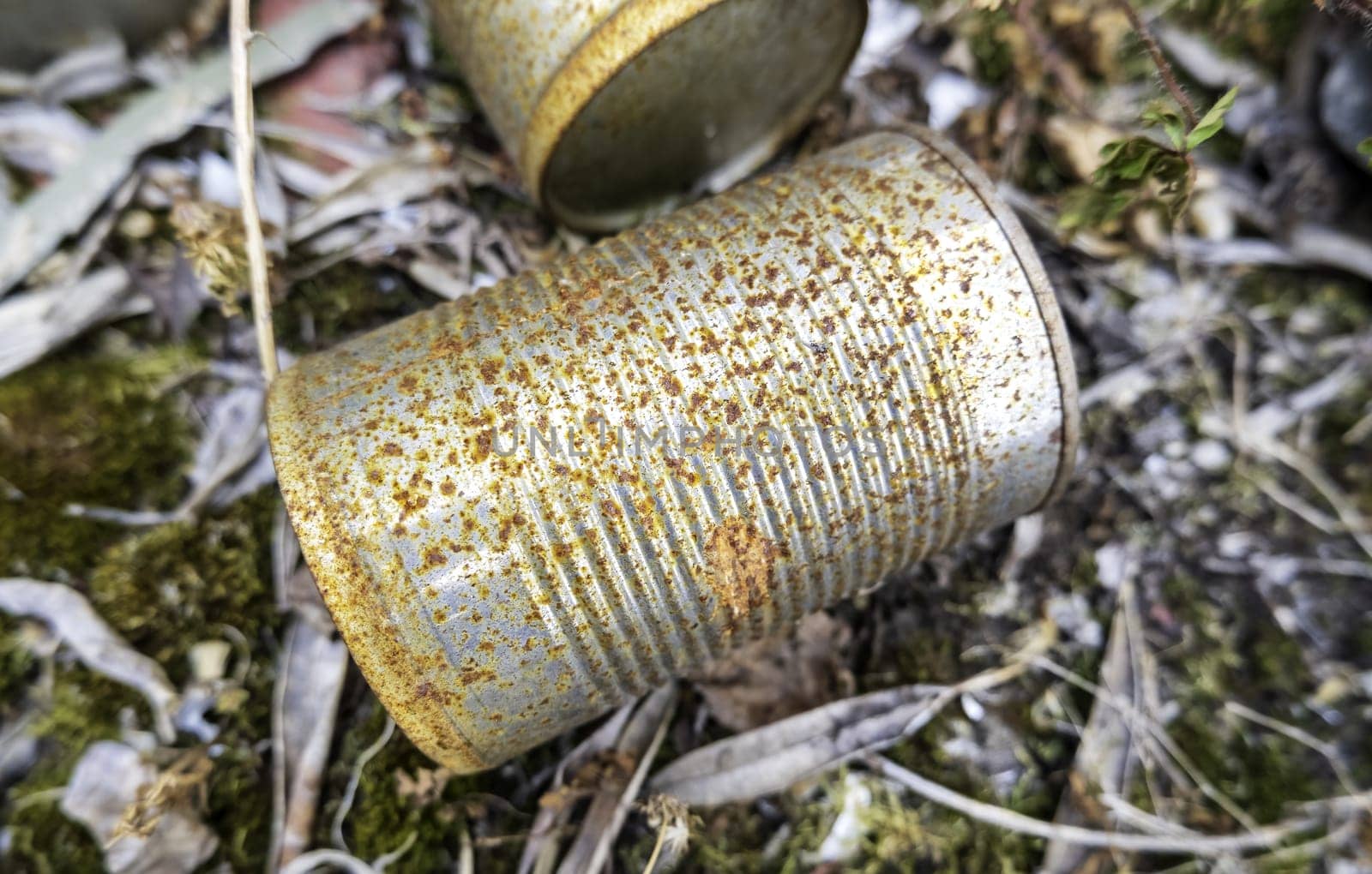 Detail of old metal can, garbage and pollution