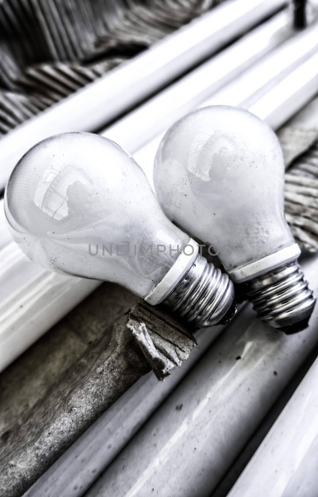 Detail of broken and damaged light bulbs, recycling
