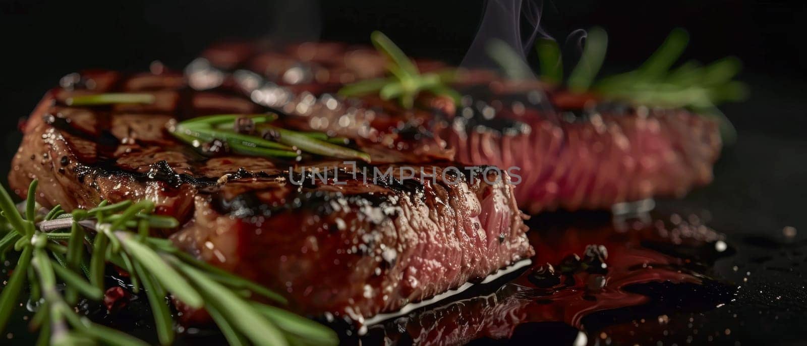 A mouthwatering grilled ribeye steak with a deeply caramelized crust and a vibrant, pink interior, garnished with fresh rosemary and seasonings