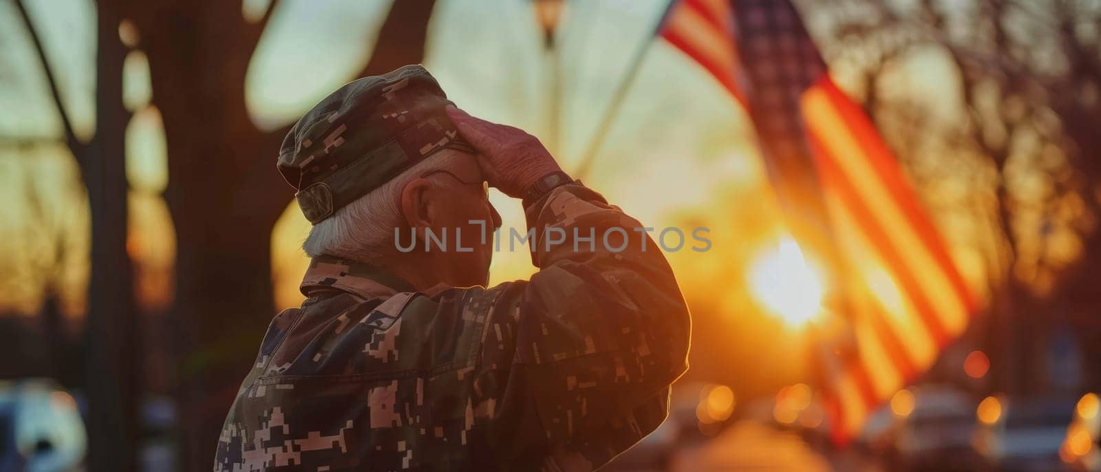 An elderly veteran in military attire salutes towards the American flag against a stunning sunset backdrop