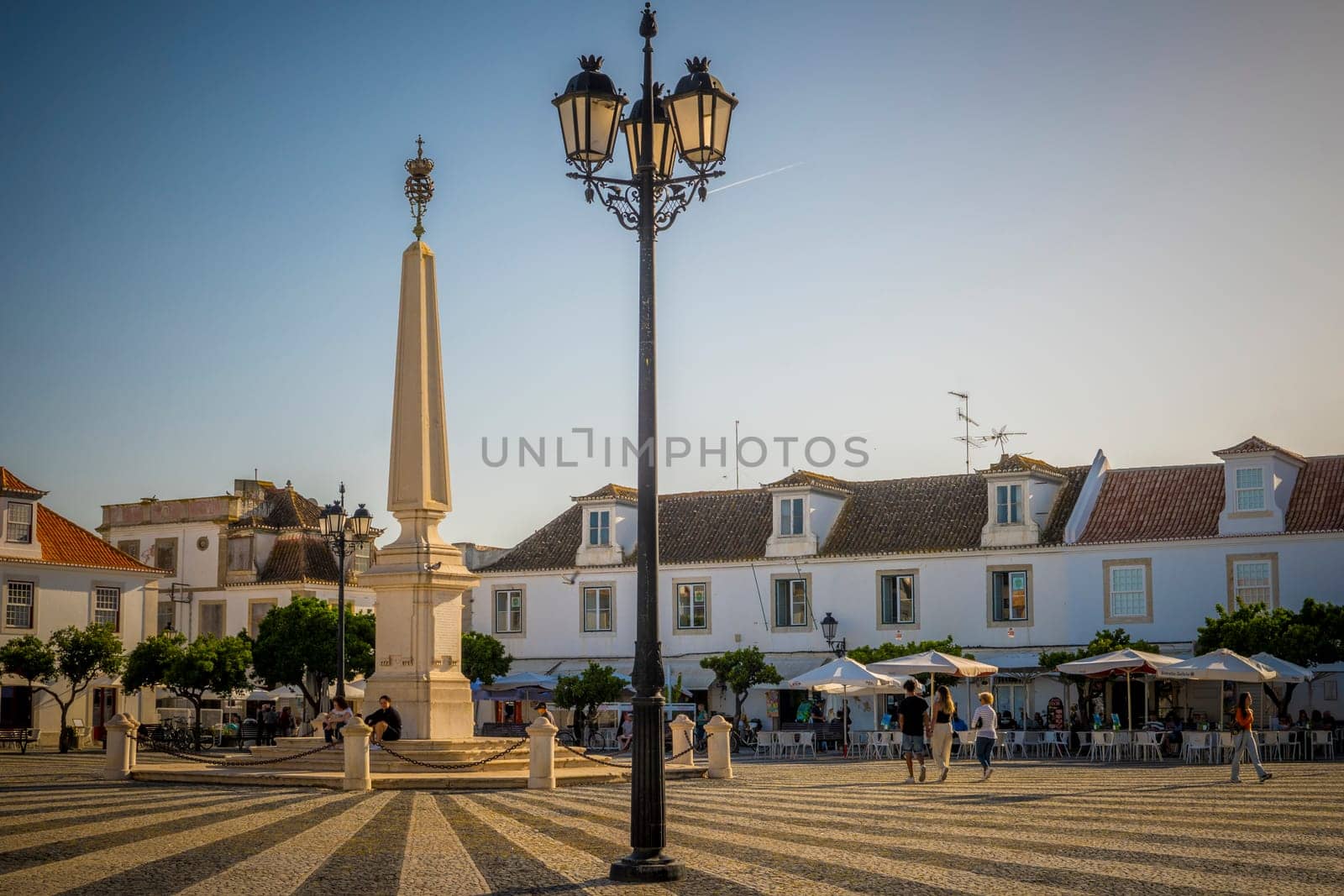 Vila Real de Santo Antonio, April 13th 2024: View on the Praca Marques de Pombal, central square in Vila Real de Santo Antonio, Portugal.