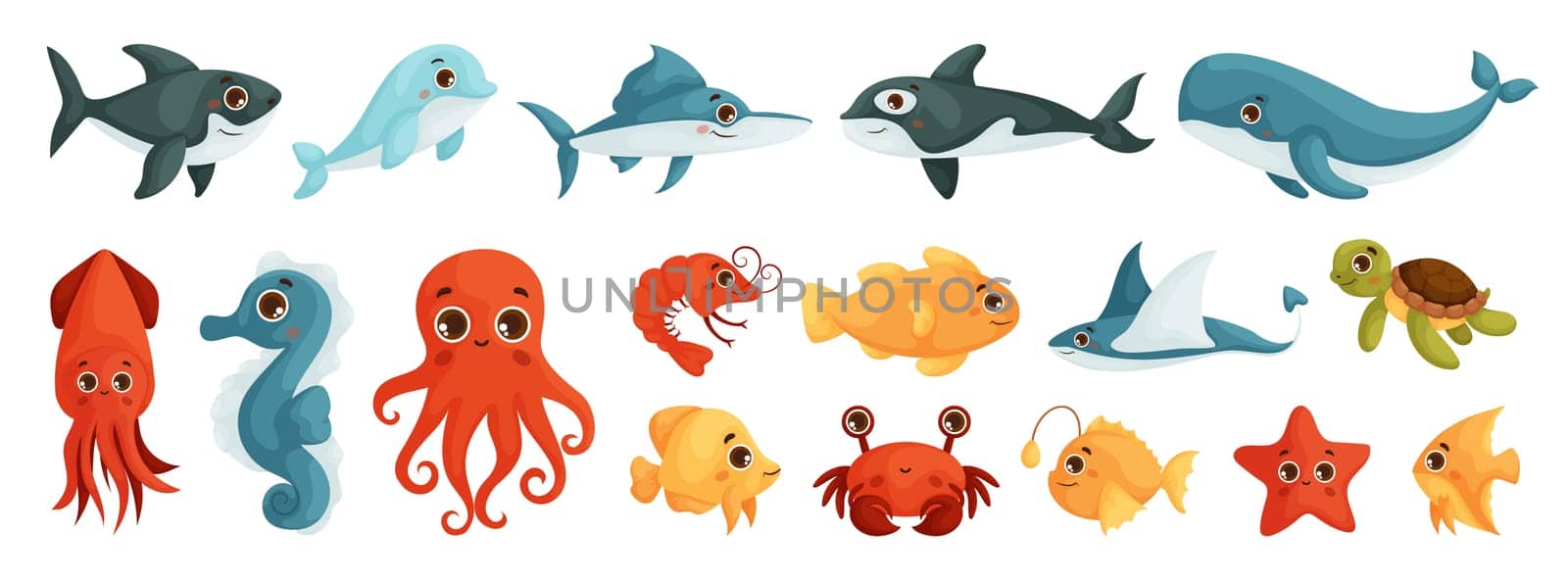A Set of Sea Animals Stickers. Underwater life. Cute whale, squid, octopus, stingray, jellyfish, fish, crab, seahorse. Fish and wild sea animals isolated on white background.
