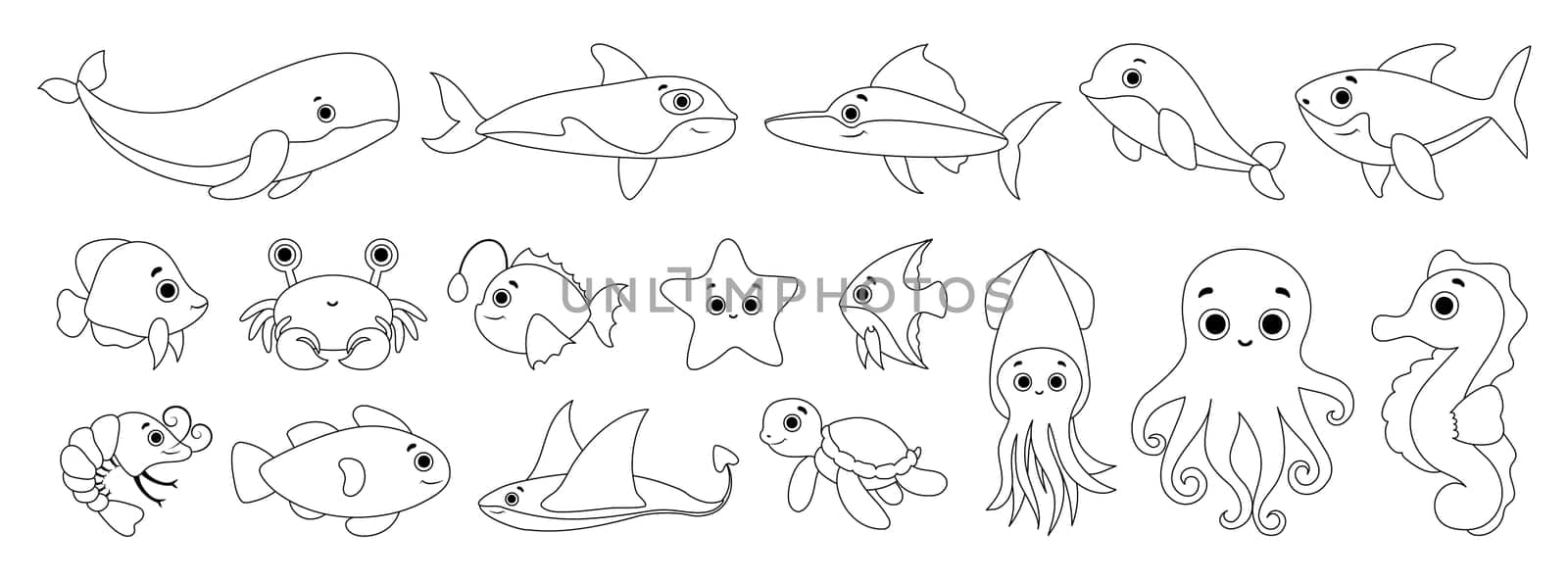 Set of black line icons of Sea Animals Stickers.