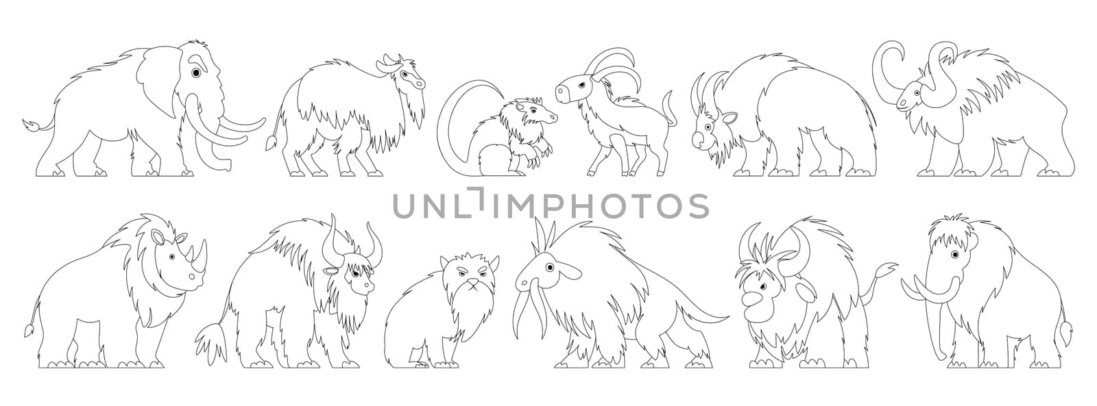 Set of icons of primitive animals, antediluvian beasts of the Stone Age. Elephant, mammoth, buffalo, bull, bison, saber tooth, wild cat, ram and goat in the form of the period BC.