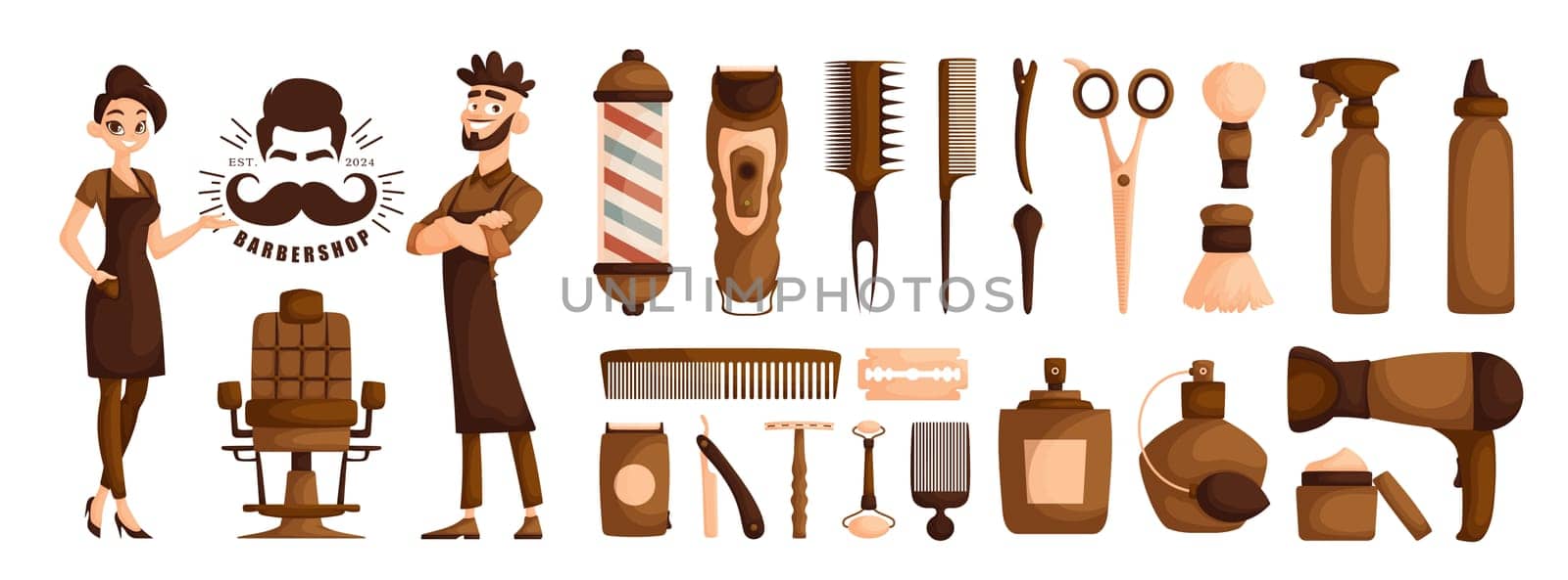 Set of isolated elements on the theme of a hairdressing salon. A guy and a girl are barbershop workers. Haircut machine, combs, scissors, hair dryer, razor, perfume, barbershop supplies