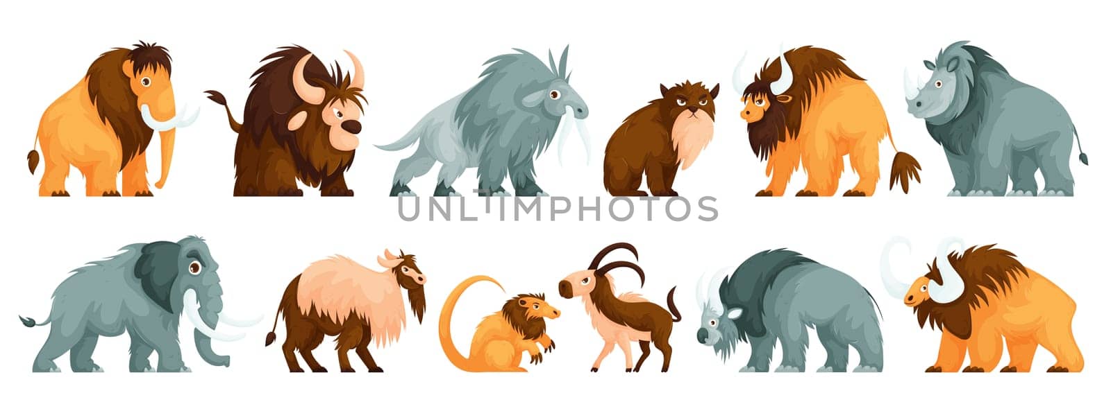 Set of isolated primitive animals, antediluvian beasts of the Stone Age. Elephant, mammoth, buffalo, bull, bison, saber tooth, wild cat, ram and goat in the form of the period BC.