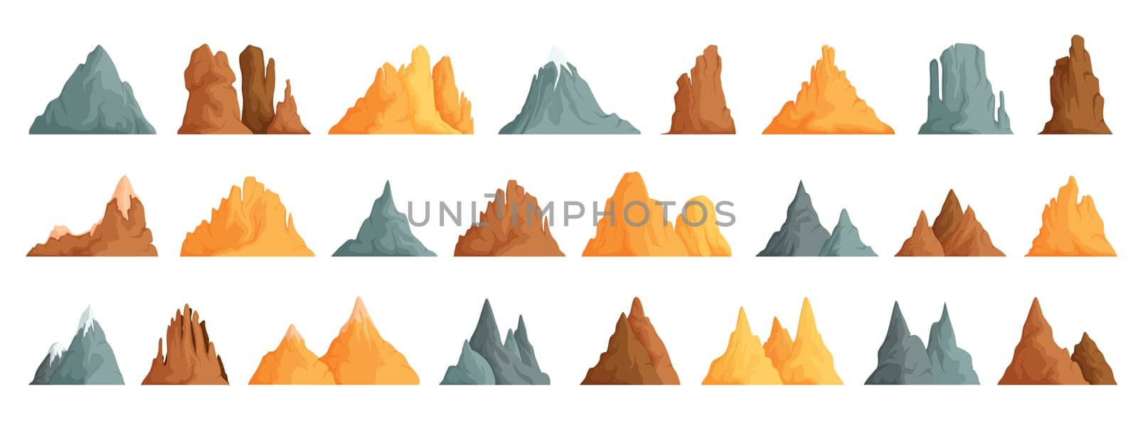 Vector set of isolated snowy mountains, mountain peak, hilltop, iceberg, natural landscape. Landscape camping and hiking. Outdoor travel, adventure, tourism