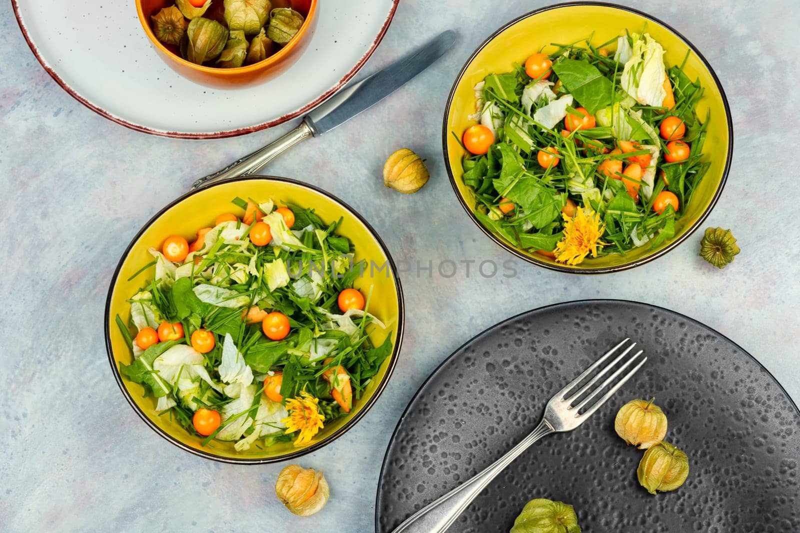 Simple and tasty dishes from wild plants. Healthy food concept. Vitamin salad. Flat lay