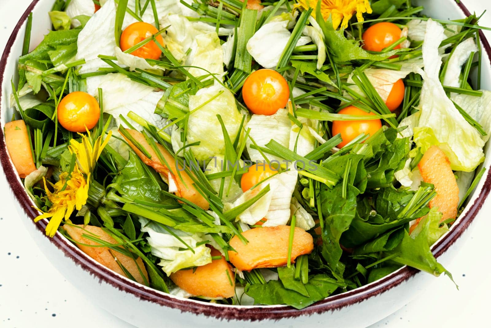 Simple and tasty dishes from wild plants. Healthy food concept. Vitamin salad. Flat lay