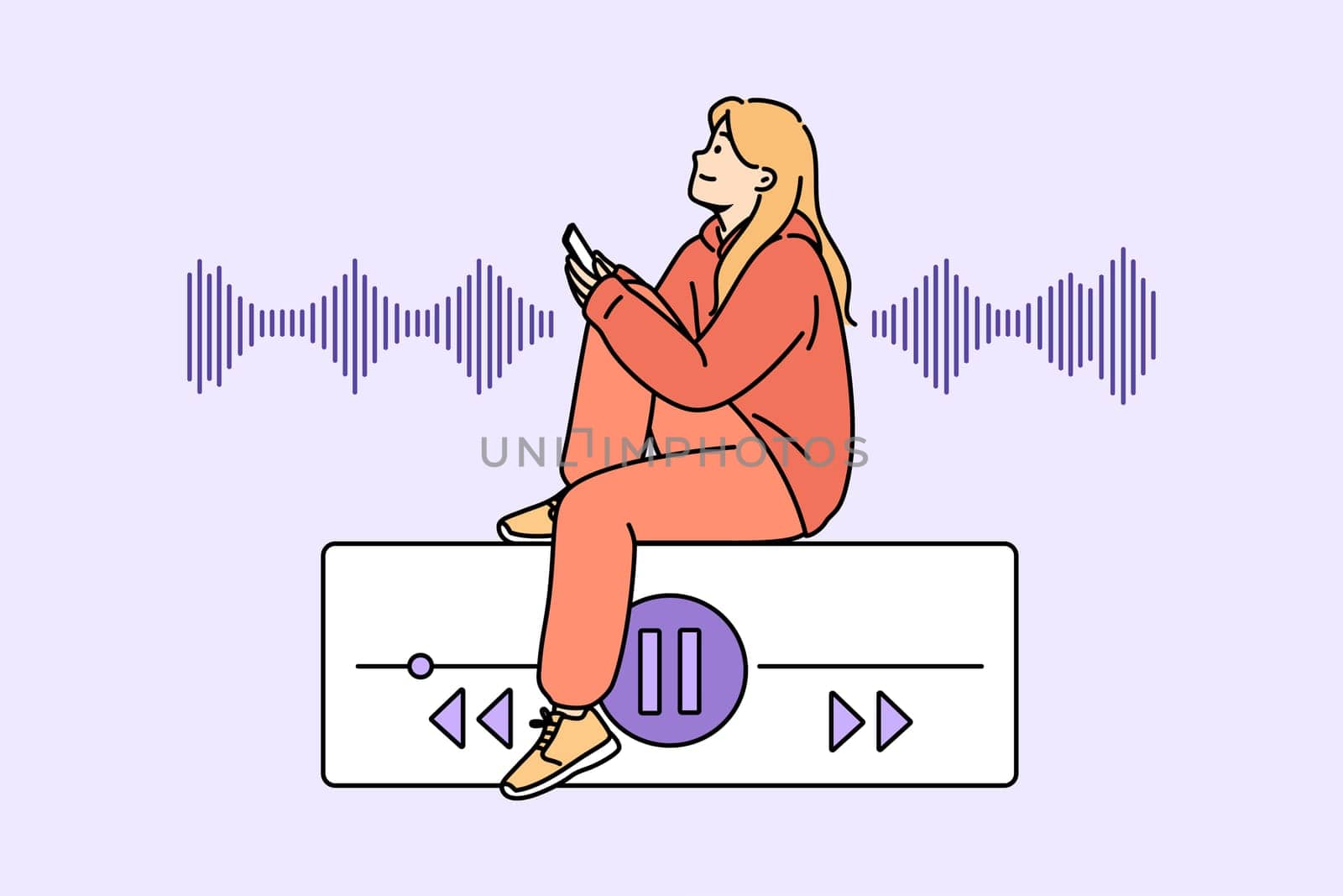 Teenage woman listens to music on phone, sitting near equalizer on buttons to control playlist. Music lover girl uses audio application on smartphone to play favorite songs or audio books