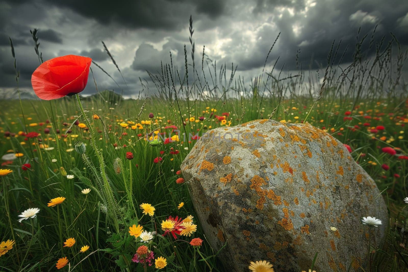 A vivid poppy stands out in a wildflower meadow beneath brooding, storm-filled skies.
