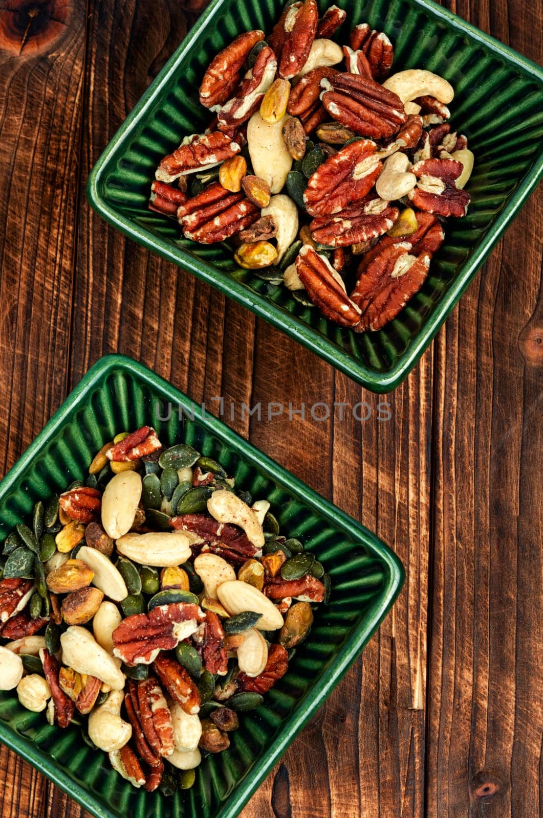 Mix of nuts on a old retro wooden background