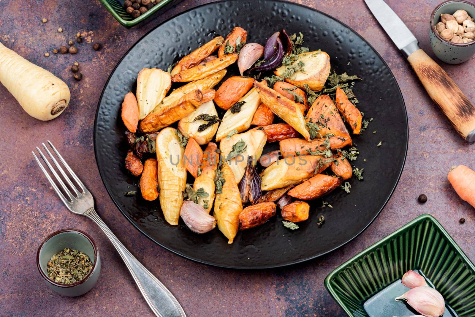 Healthy homemade roasted parsnip root, carrots and garlic.