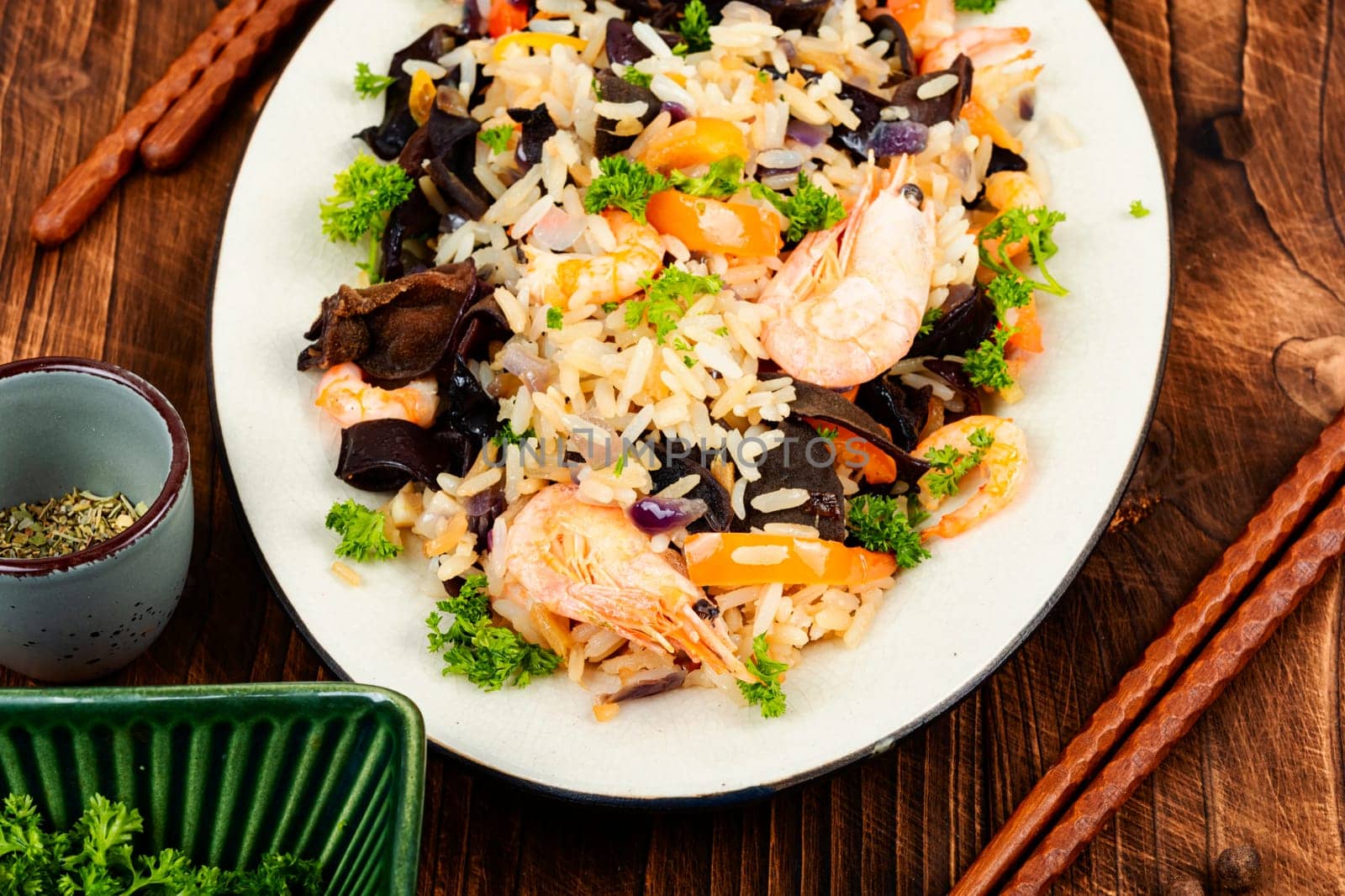 Thailand cuisine dish with rice, shrimps and vegetables. Top view.