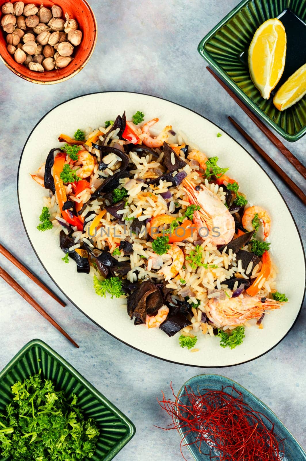 Thailand cuisine dish with rice, shrimps and vegetables. Top view.