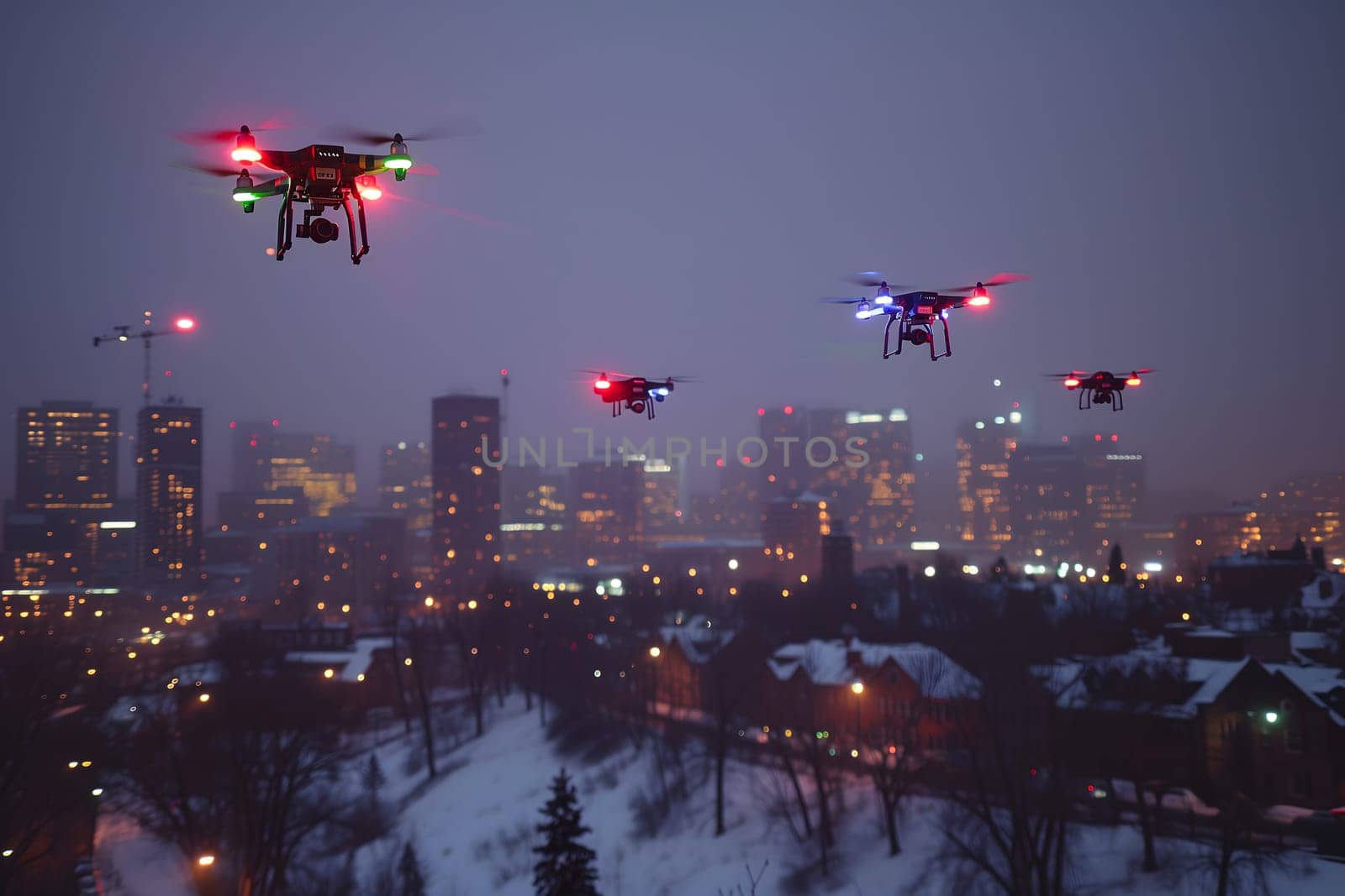 Group of drones over city at snowy winter night. Neural network generated image. Not based on any actual scene or pattern.