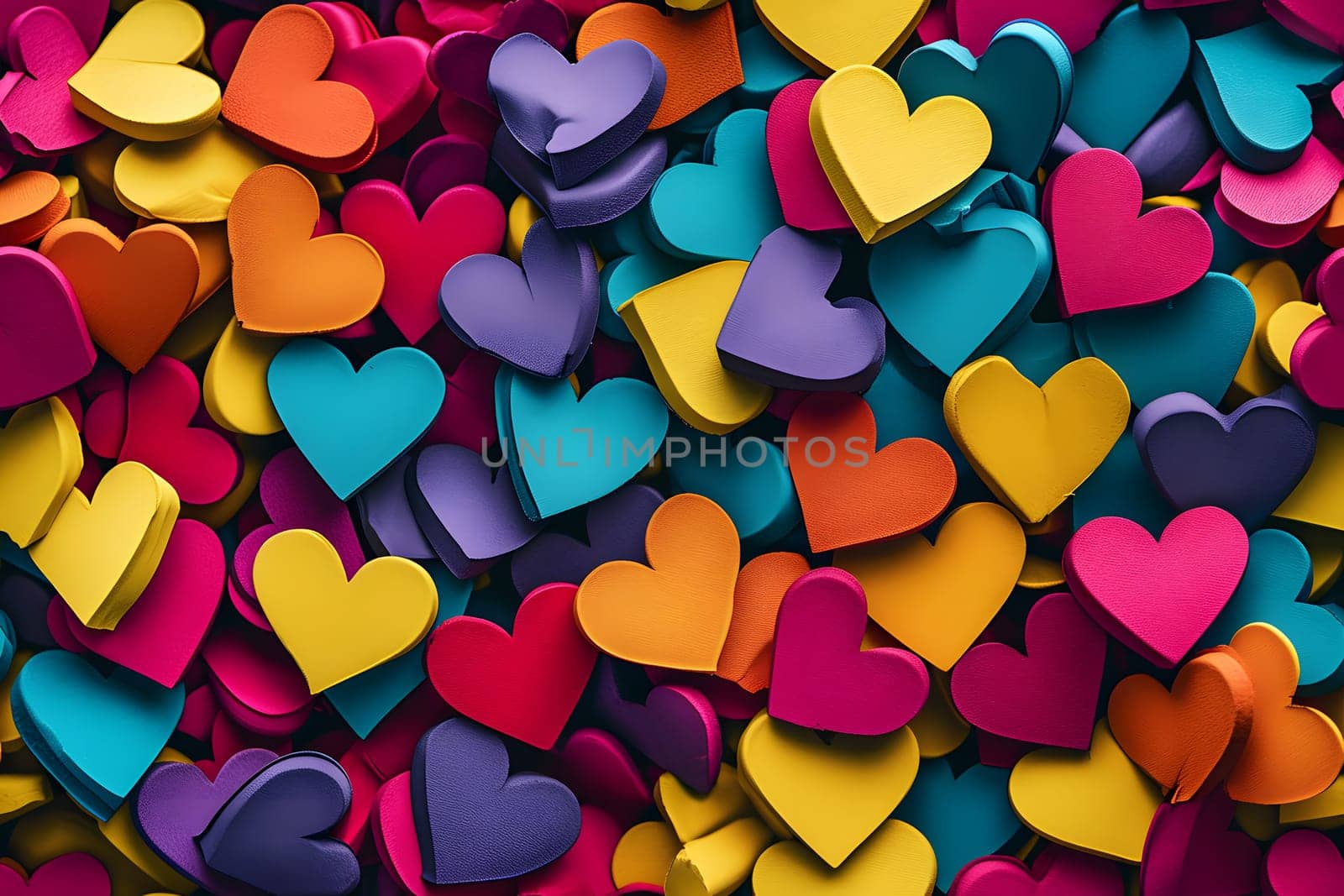 Full-frame background of colorful hearts. Neural network generated image. Not based on any actual person or scene.