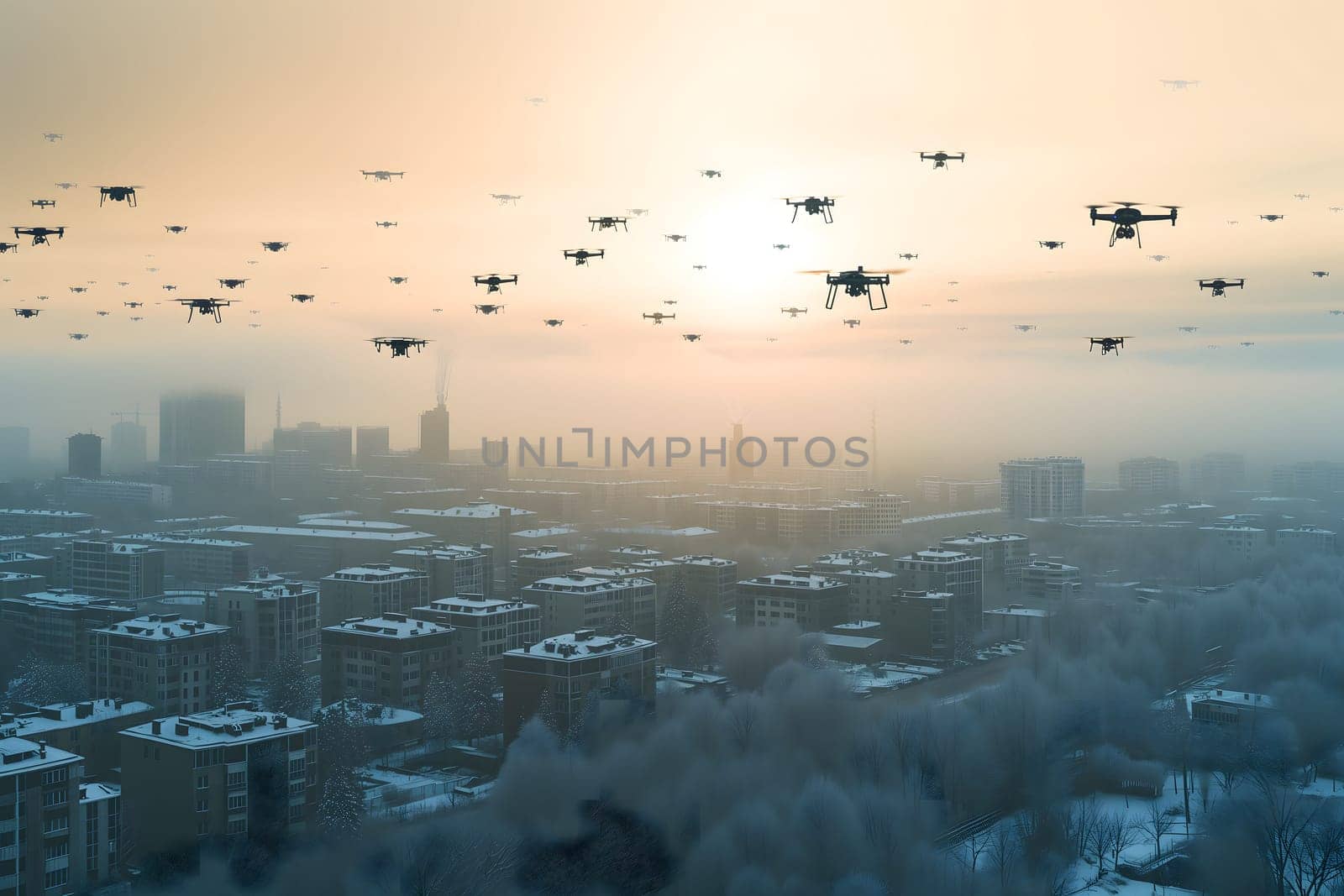 Group of drones over city at summer morning. Neural network generated image. Not based on any actual scene or pattern.