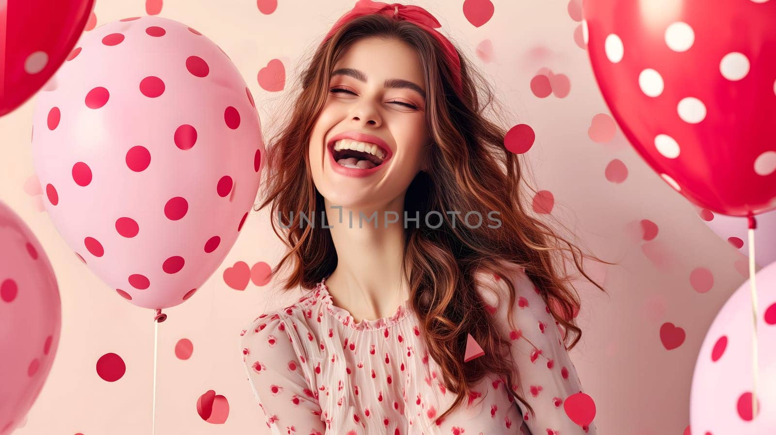 Young adult woman with red and pink air balloons laughing, on pink polka dots background. Happy holiday party. Joyful beauty having fun, celebrating Valentine's Day. Neural network generated image.
