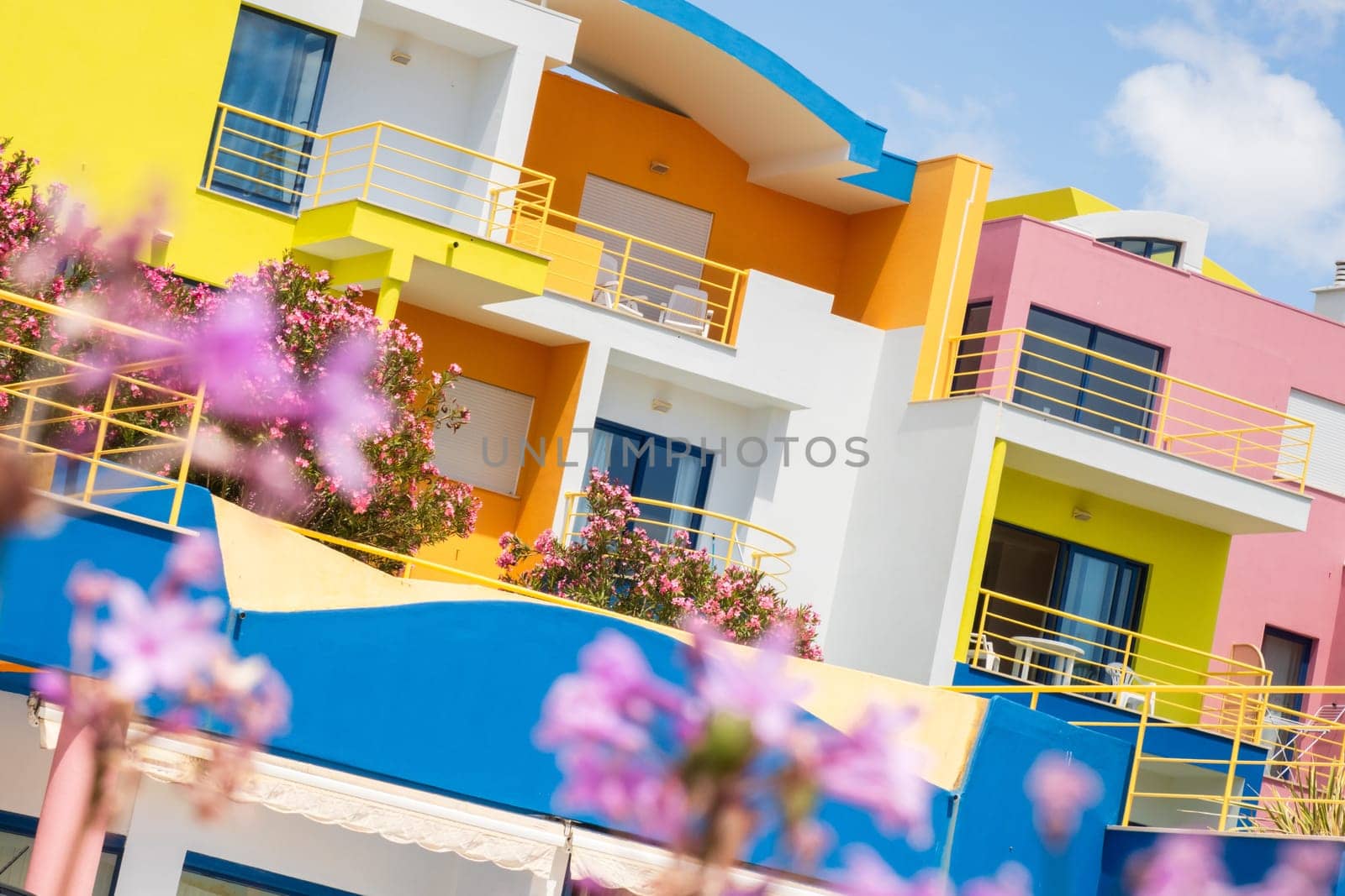 Albufeira, Portugal - April 28, 2024: Colorful modern residential buildings photographed in Marina port of  Albufeira at the Algarve coast of Portugal